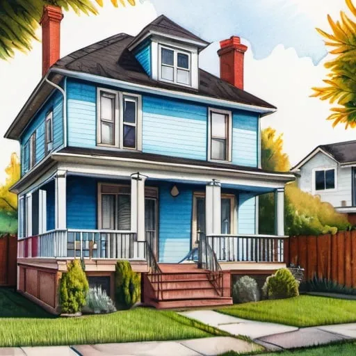 Prompt: two story house, backyard, illustration, colored pencils, gouache, watercolor, grim, inricate details, hyperdetailed, 2d, 4k