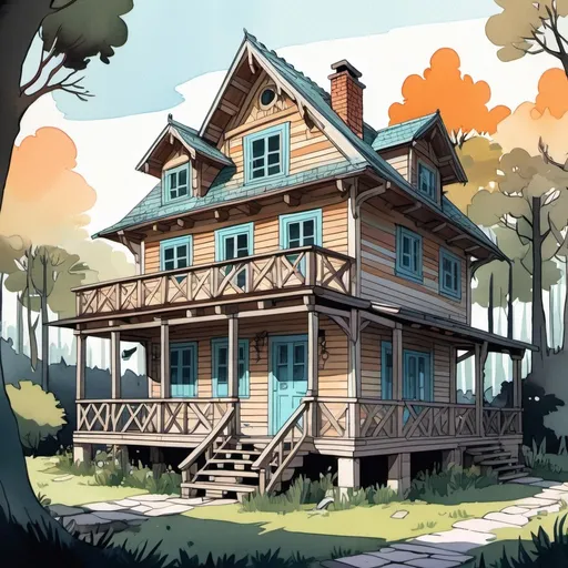 Prompt: a achalet timber house, architecture, comics, flat colors whimsical, scene, illustration,  gouache, watercolor, pale palette, grim glow, ink, inricate details, hyperdetailed, 2d, 4k