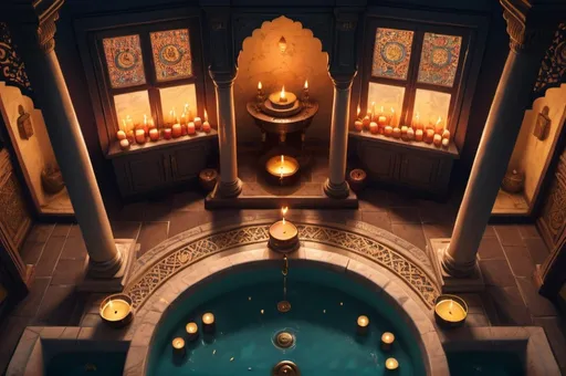 Prompt: secret society, traveling Persia or India, bath, mansion, top down view, candles, simbols, vibrant, grim, romantic, hystorical, intricate details, hyperdetailed, 4k, painting, trending on artstation, cinematic, wide shot