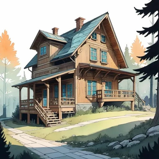 Prompt: a achalet timber house, inter, streer light, architecture, comics, flat colors whimsical, scene, illustration,  gouache, watercolor, pale palette, grim glow, ink, inricate details, hyperdetailed, 2d, 4k