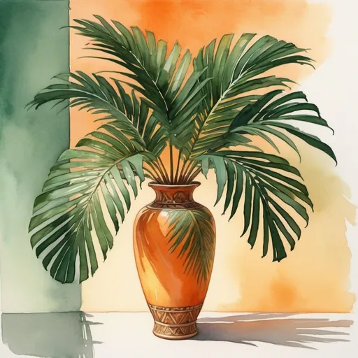 Prompt: gouache or watercolor painting of a bouquet of single palm leaf  in a tall jade vase on any surface, sunset, classical, dramaticshadows, vibrant, warm shadows, orange, yellow, glow, grim, intricate details, Award Winning, Trending on Artstation