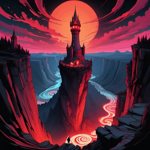 Prompt: Illustration, ink, gouache, no outline,   panoramic view of a wizard tower on a precipitous cliff among multiple plateaus at a different heigth,view, top view, grim, distorted, swirl, fisheye lens, dim ble and red neon glow, UHD, Award Winning, Trending on Artstation