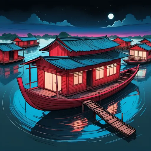 Prompt: Illustration, ink, gouache, no outline,   panoramic view of a on a floating boat house, Vietnam, Cambodia, top view, distorted, swirl, fisheye lens, dim ble and red neon glow, UHD, Award Winning, Trending on Artstation