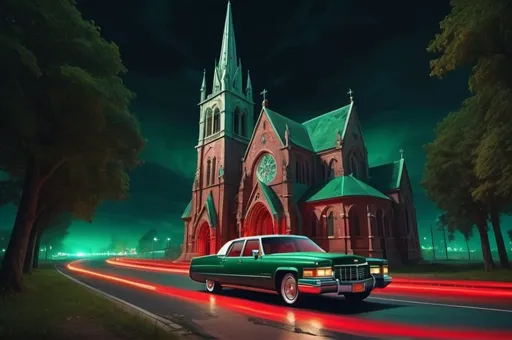 Prompt: escaping gothic church in a cadillac in a hurry,  luxury, wavy road, night, red and green glow, vibrant, grim, hystorical, intricate details, hyperdetailed, 4k, painting, trending on artstation, cinematic,