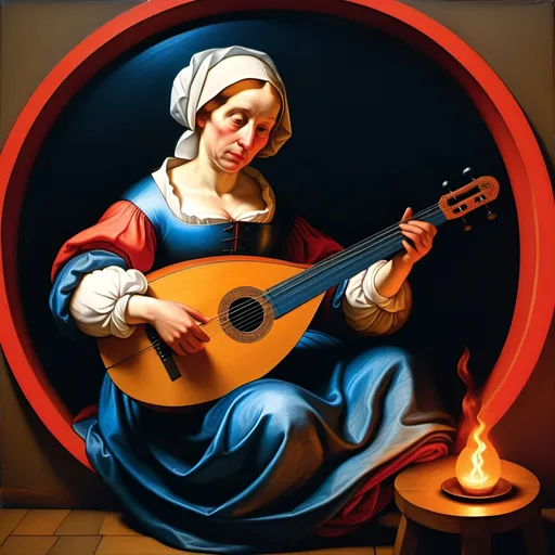 Prompt: Pieter Bruegel the Elder, no outline, a middle aged woman with a lute, sitting, undershadow face, grim, distorted, swirl, fisheye lens, dim blue and red neon glow, UHD, Award Winning, Trending on Artstation