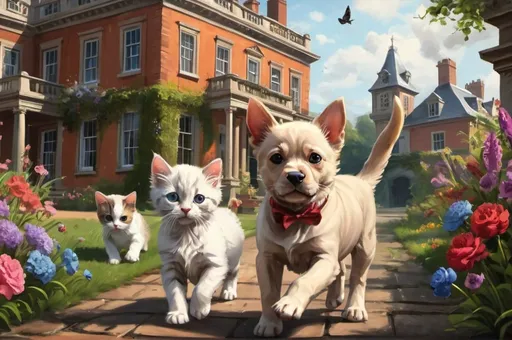 Prompt: puppies and kittens and a cat and a dogdressed gentry, playing, running, flowers, 1800, traveling England, mansion, gardem, vibrant, grim, romantic, hystorical, intricate details, hyperdetailed, 4k, painting, trending on artstation