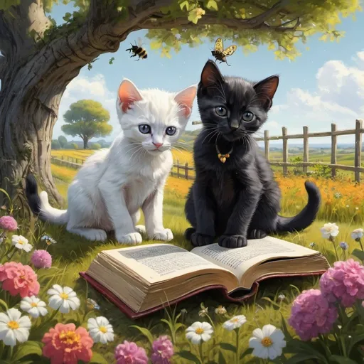 Prompt: 2 black kittens a 1 white kitten reading books under the tree, dressed gentry, 1800, France, field, fence, flowers, bee, vibrant, grim, romantic, hystorical, intricate details, hyperdetailed, 4k, painting, trending on artstation