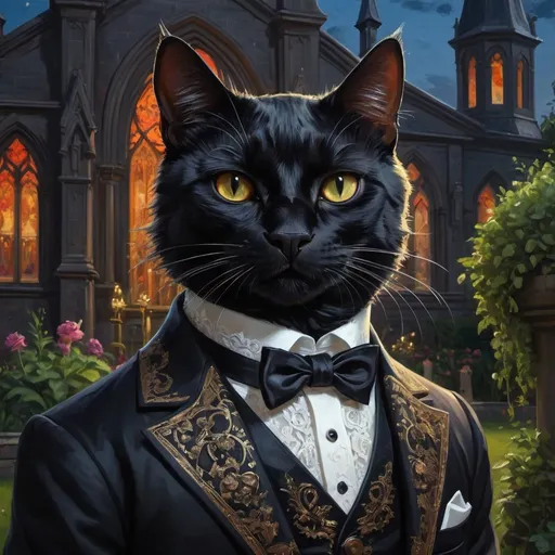 Prompt: a black cat in a wedding suit, 1880, luxurious, gothic, day or night, glow, garden, church, vibrant, historic, intricate details, hyperdetailed, 4k, painting, trending on artstation