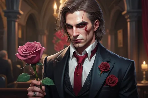 Prompt: bigle in a suit with a rose, luxurious, gothic, vampire slayer, vibrant, historic, intricate details, hyperdetailed, 4k, painting, trending on artstation