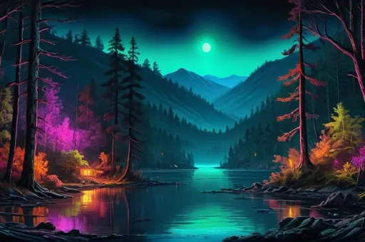 Prompt: smoky mountain,  gass pit, lake view, forest, deep South, vibrant, grim, romantic, night, neon glow, hystorical, intricate details, hyperdetailed, 4k, painting, trending on artstation
Model: OpenArt SDXL
