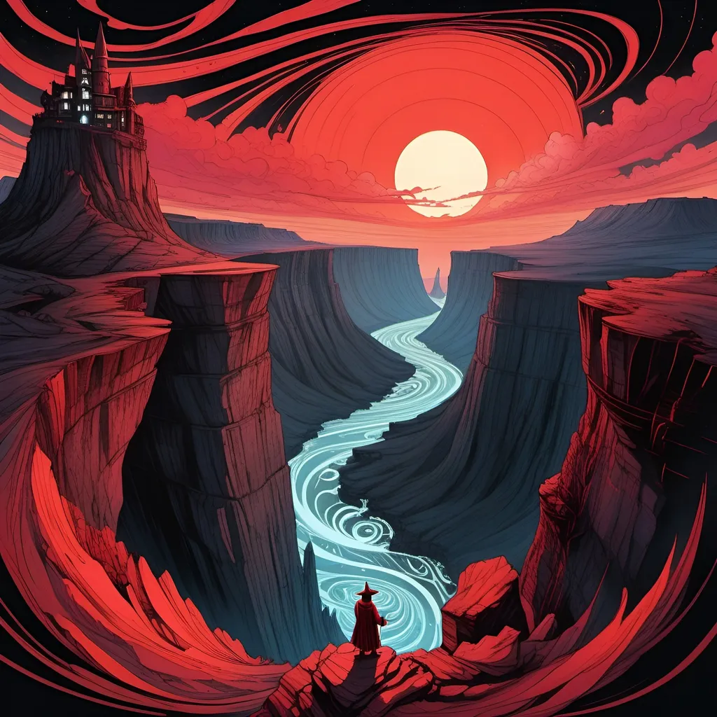 Prompt: Illustration, ink, gouache, no outline,   panoramic view of a wizard towe on a precipitous cliff among multiple plateaus at a different heigth,view, top view, grim, distorted, swirl, fisheye lens, dim ble and red neon glow, UHD, Award Winning, Trending on Artstation