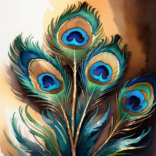 Prompt: gouache or watercolor painting of a peacock feathers in a very tall vas rococo, baroque, neo classical, dramatic shadows, vibrant, warm glow, grim, intricate details, Award Winning, Trending on Artstation