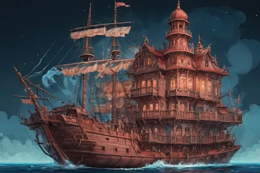 Prompt: wooden ship in rococo with balconies, minarets on the background, sea coast, comics, flat colors, illustration, gouache, watercolor, pale palette, vibrant, grim, smoke, red and blue glow, ink, inricate details, hyperdetailed, 2d, 8k