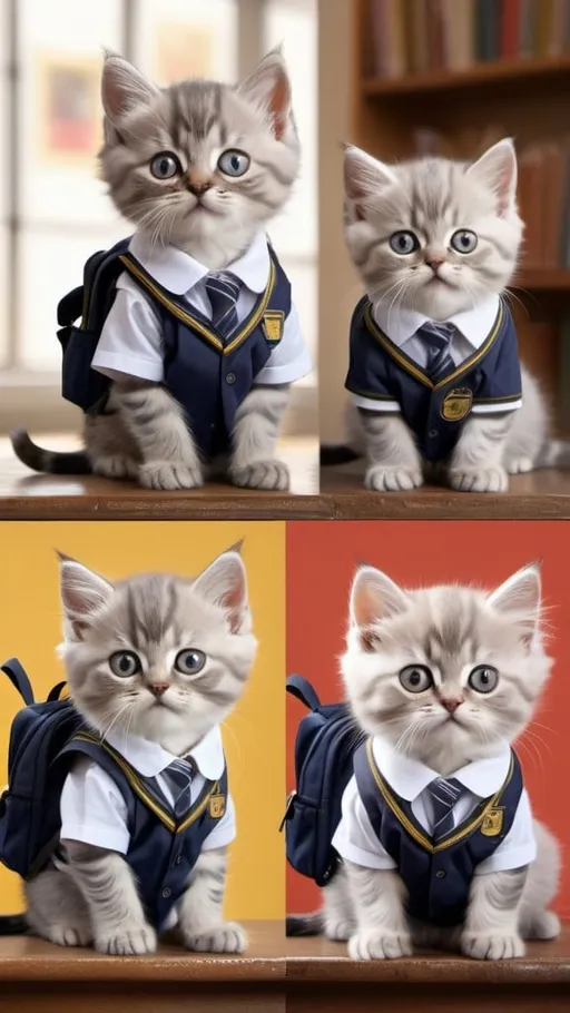 Prompt: 4 different kittens in a school uniform with backpacks,  1 grey persian kitten in school uniform by the classical schoo, vibrant, historic, cinematic shot, intricate details, hyperdetailed, 4k, painting, trending on artstation