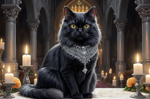 Prompt: black cat dressed in toxedo and grey persian cat wedding, royal, luxurious, gothic, night, glow, candles, church, mansion, vibrant, historic, intricate details, hyperdetailed, 4k, painting, trending on artstation