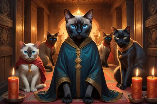 Prompt: siamese catin suit surrounded by other cats in cloaks,  secret society, traveling Persia or India, basement, mansion, candles, simbols,  vibrant, grim, romantic, hystorical, intricate details, hyperdetailed, 4k, painting, trending on artstation
