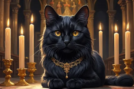 Prompt: a black straight hair cat in toxedo, wedding, royal, luxurious, gothic, night, glow, candles, church, mansion, vibrant, historic, intricate details, hyperdetailed, 4k, painting, trending on artstation