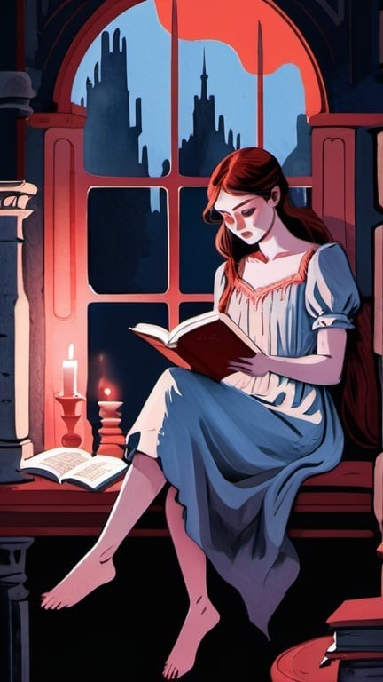 Prompt: flat colors, illustration, gouache, maiden reading a book, no outline, watercolor, pale palette, grim,  red and blue glow, ink inricate details, hyperdetailed, 2d, 8k