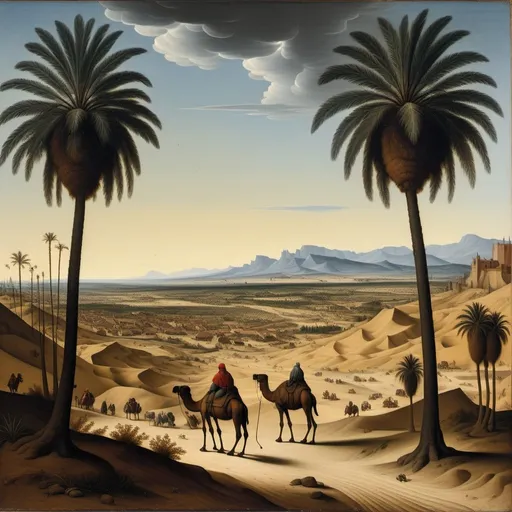Prompt: Pieter Bruegel the Elder, oil painting, landscape from afar, no outline, desert, well, camel, palm trees, grim, distorted, dim brazen shadows, UHD, Award Winning, Trending on Artstation