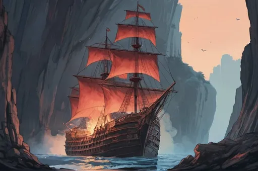 Prompt: wooden ship, precipitous cliff,  comics, flat colors, illustration, gouache, watercolor, pale palette, vibrant, smoke, red and blue glow, ink, inricate details, hyperdetailed, 2d, 8k