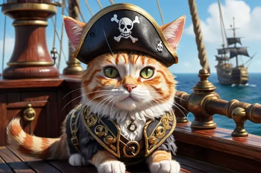 Prompt: pirate cat on a ship deck, luxurious, vibrant, historic, intricate details, hyperdetailed, 4k, painting, trending on artstation, port