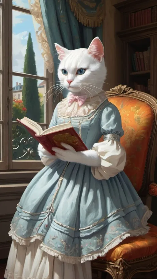 Prompt: 1 white cat dressed gentry in a dress, 1800, reading a book, traveling France, tree, mansion, vibrant, grim, romantic, hystorical, intricate details, hyperdetailed, 4k, painting, trending on artstation