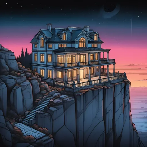 Prompt: Illustration, ink, gouache, fine outline,   panoramic view of a small modern neo classical house on a precipitous cliff among multiple plateaus at a different heigth,view, top view, grim, sad, dim neon glow, UHD, Award Winning, Trending on Artstation