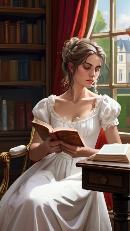 Prompt: 1 white dressed gentry dress, 1800, reading a book, traveling France, tree, mansion, vibrant, grim, romantic, hystorical, intricate details, hyperdetailed, 4k, painting, trending on artstation
