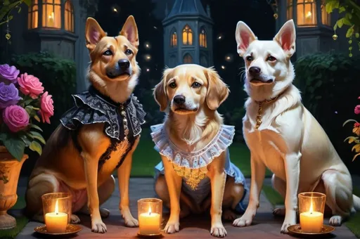 Prompt: dogs in dresses having a party in the garden, gothic, luxurious, vibrant, intricate details, night, glow, mysterious, candles, flowers, hyperdetailed, 4k, painting, trending on artstation