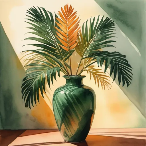 Prompt: gouache or watercolor painting of a bouquet of single palm leaf  in a tall jade vase on any surface, sunset, classical, dramaticshadows, vibrant, warm shadows, orange, yellow, glow, grim, intricate details, Award Winning, Trending on Artstation