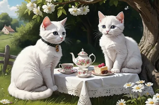 Prompt: 2 black and a white cat white kittens having a picnic or tea party under the tree, dressed gentry, 1800, France, field, fence, flowers, bee, vibrant, grim, romantic, hystorical, intricate details, hyperdetailed, 4k, painting, trending on artstation