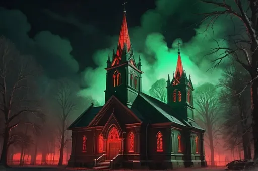 Prompt: smoky church, eerie, grim, romantic, night, deem red and green glow, hystorical, intricate details, hyperdetailed, 4k, painting, trending on artstation