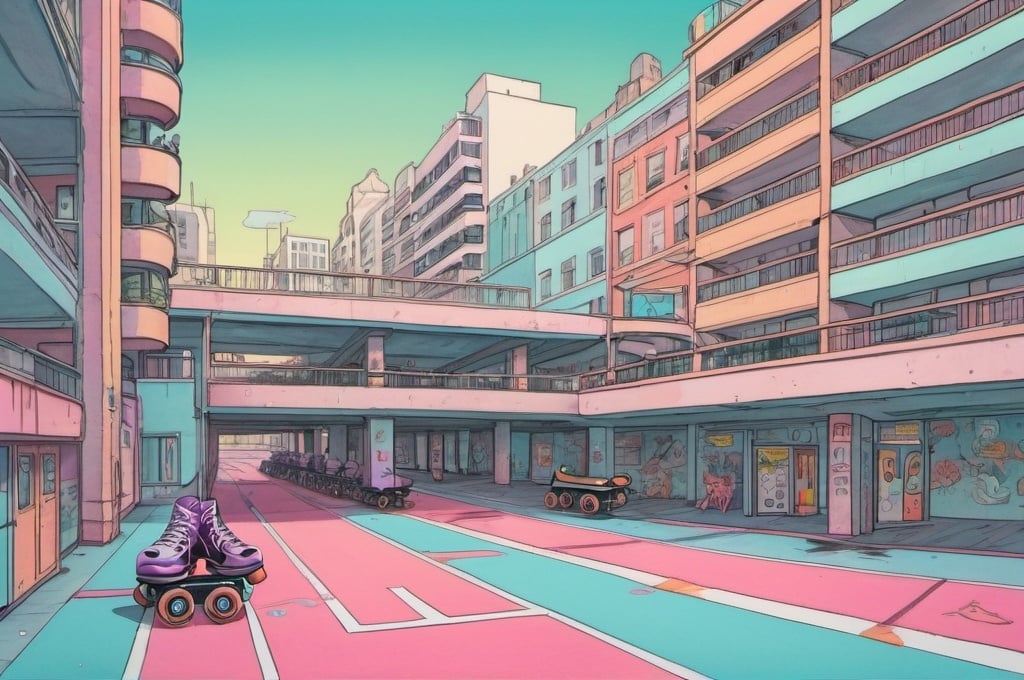 Prompt: parking lot in a city, roller skates, ramp, architecture, comics, flat colors whimsical, scene, art nouveau, illustration, colored pencils, gouache, watercolor, pale palette, grim, neon glow, ink satin, inricate details, hyperdetailed, 2d, 4k