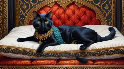 Prompt: black cat dressed as a arabian prince lying casually on pillows, royal, vibrant, historic, intricate details, hyperdetailed, 4k, painting, trending on artstation