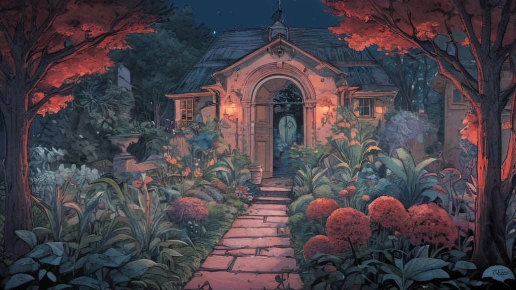 Prompt: garden, architecture, comics, flat colors, illustration, gouache, watercolor, pale palette, grim, red and blue glow, ink, inricate details, hyperdetailed, 2d, 8k