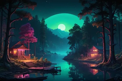 Prompt: lake view, forest, deep South, vibrant, grim, romantic, night, neon glow, hystorical, intricate details, hyperdetailed, 4k, painting, trending on artstation Model: OpenArt SDXL