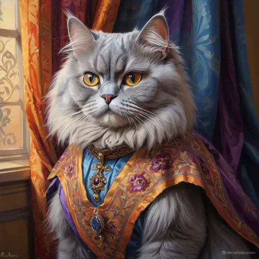 Prompt: oil painting of a persian grey cat dressed gentry, 1890, curtains, classical, dramatic shadows, vibrant, blue and purple shadows, orange, yellow, red, warm glow, grim, intricate details, under light, Award Winning, Trending on Artstation