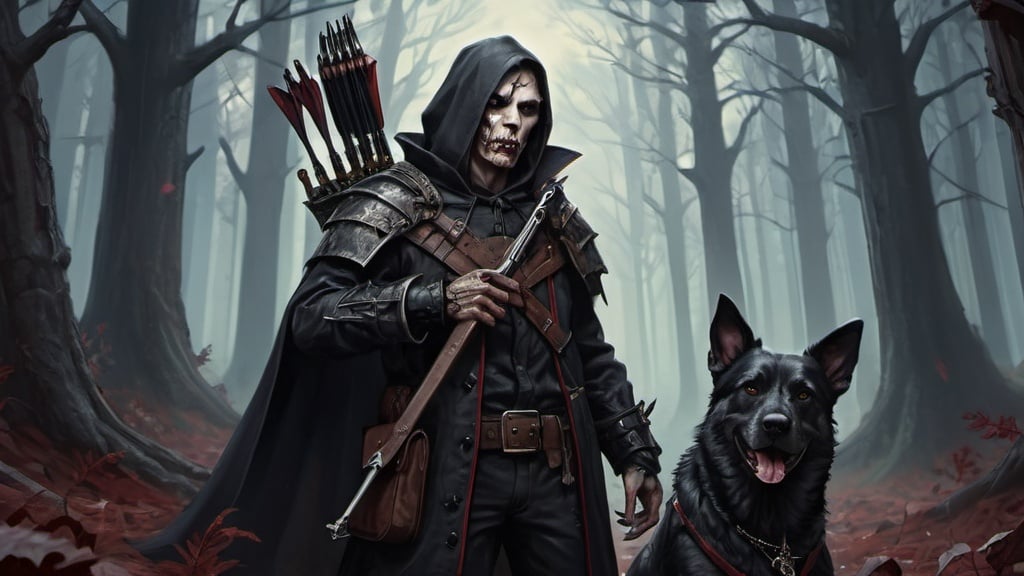 Prompt: dog and woolf with a crossbow, vampire slayer, forest, grim, gothic, intricate details, hyperdetailed, 4k, painting, trending on artstation