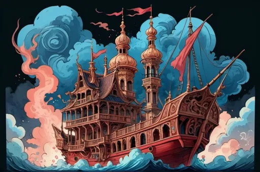 Prompt: wooden ship in rococo with balconies, minarets on the background, above thunder clouds, comics, flat colors, illustration, gouache, watercolor, pale palette, vibrant, grim, smoke, red and blue glow, ink, inricate details, hyperdetailed, 2d, 8k