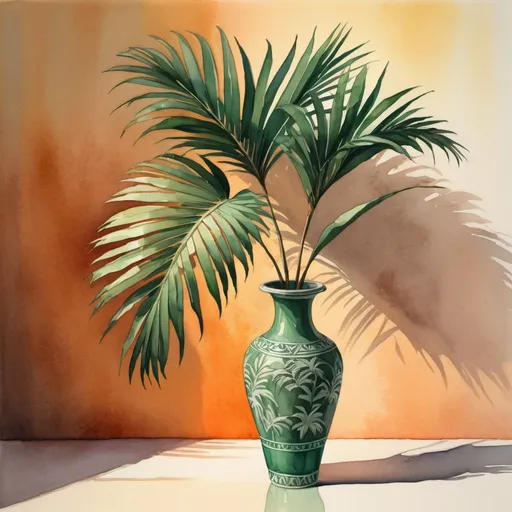 Prompt: gouache or watercolor painting of a bouquet of single palm leaf  in a tall jade vase on any surface, sunset, classical, dramaticshadows, vibrant, warm shadows, orange, yellow, glow, grim, intricate details, Award Winning, Trending on Artstation