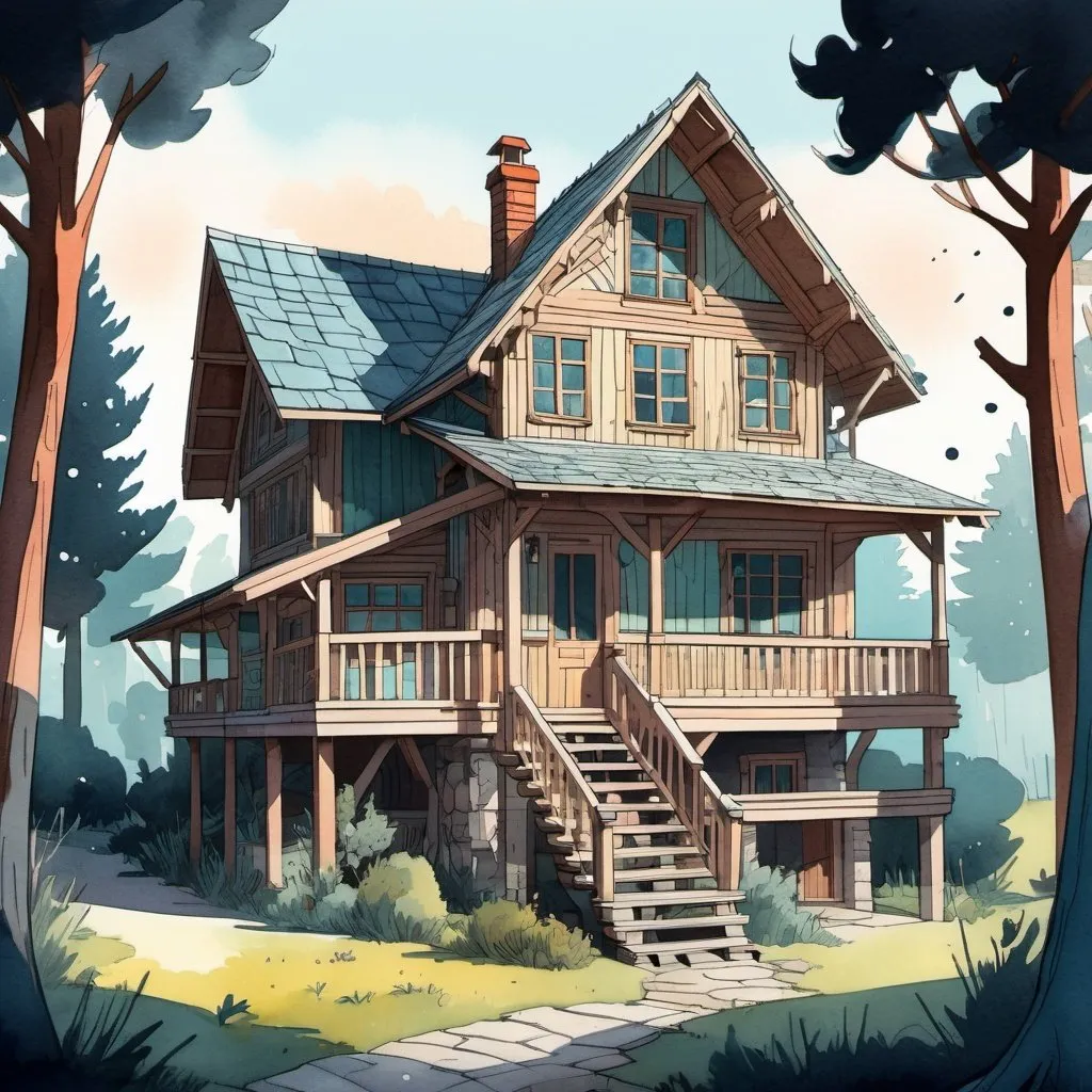 Prompt: a achalet timber house, inter, streer light, architecture, comics, flat colors whimsical, scene, illustration,  gouache, watercolor, pale palette, grim glow, ink, inricate details, hyperdetailed, 2d, 4k