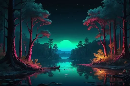 Prompt: lake view, forest, deep South, vibrant, grim, romantic, night, neon glow, hystorical, intricate details, hyperdetailed, 4k, painting, trending on artstation Model: OpenArt SDXL