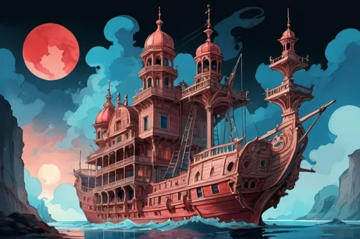 Prompt: wooden ship in rococo with balconies, minarets, sea coast, looking up, comics, flat colors, illustration, gouache, watercolor, pale palette, vibrant, smoke, red and blue glow, ink, inricate details, hyperdetailed, 2d, 8k