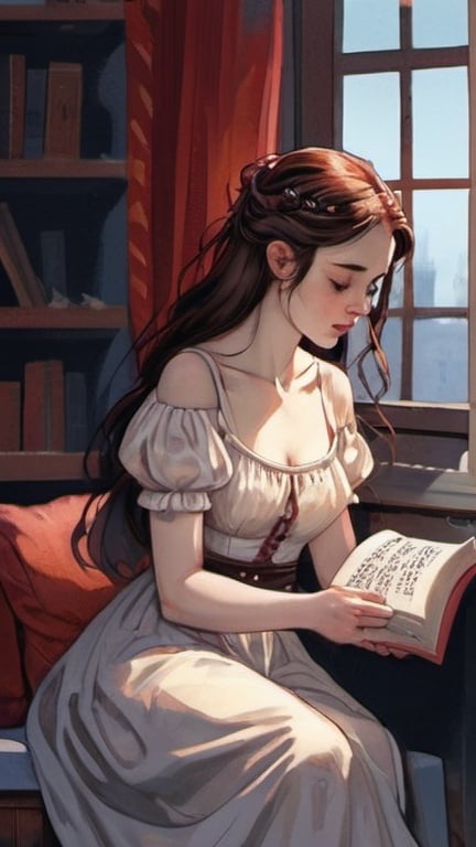 Prompt: flat colors, illustration, gouache, maiden reading a book, no outline, watercolor, pale palette, grim,  red and blue glow, ink inricate details, hyperdetailed, 2d, 8k