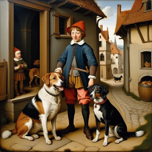 Prompt: Pieter Bruegel the Elder, oil painting, full body portrait of a gleeful boy and a dog, no outline,  grim, intricate details, dim brazen shadows, UHD, Award Winning, Trending on Artstation