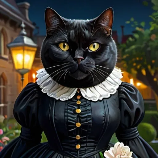 Prompt: black fat female cat in a gentry dress, 1880, monocle, luxurious, gothic, night, glow, garden, vibrant, historic, intricate details, hyperdetailed, 4k, painting, trending on artstation