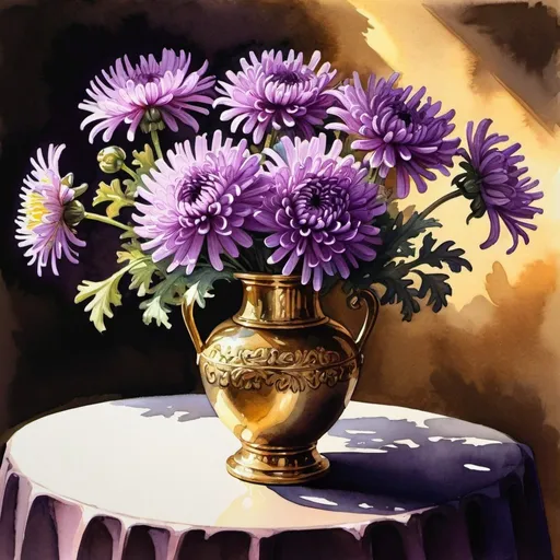 Prompt: gouache or watercolor painting of a bouquet of purple chrysanthemums in a brazen vase on a table, odd number, classical, golden shadows, vibrant, glow, hystorycal, intricate details, Award Winning, Trending on Artstation