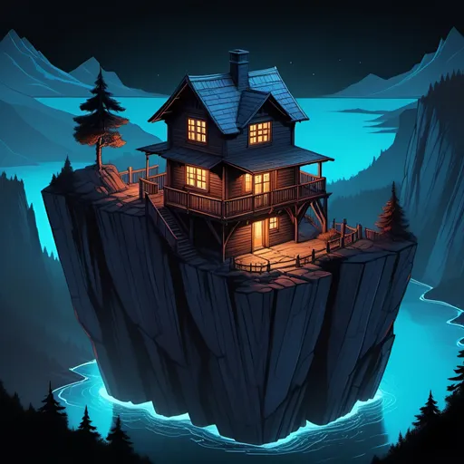 Prompt: Illustration, ink, gouache, fine outline,  Ravenloft,  panoramic view of a small timber house on a precipitous cliff among multiple plateaus at a different heigth, isometric view, top view from afar, grim, hprrpr, sad, dim neon glow, 8k, UHD, Award Winning, Trending on Artstation