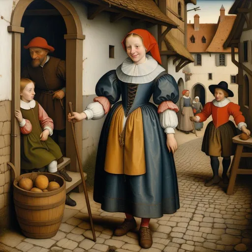 Prompt: Pieter Bruegel the Elder, oil painting, full body portrait of a gleeful girl and agoat, no outline,  grim, intricate details, dim brazen shadows, UHD, Award Winning, Trending on Artstation