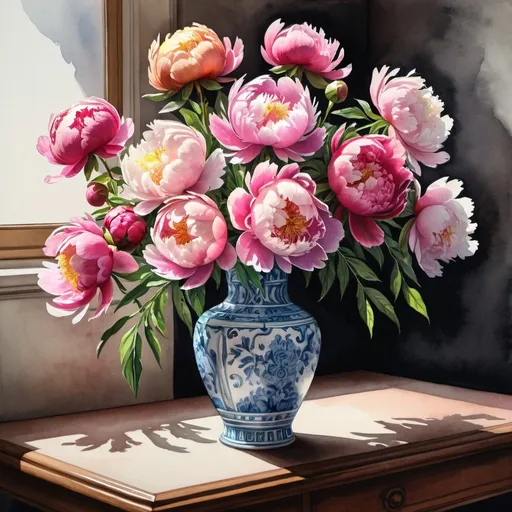 Prompt: gouache or watercolor painting of a bouquet of various  peonies  in a tall vase on a table, odd number, classical, dramaticshadows, vibrant, glow, grim, intricate details, Award Winning, Trending on Artstation